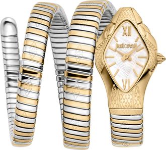 Just Cavalli Womenss Snake Watch, Gold Color Case, White MOP Dial, Two Tone Silver & Gold Color Stainless Steel Bracelet