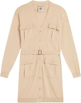 Semicouture Lang Katoenen Vest met Zakken - Dames - Lange truien - Beige - L - Katoen - Truien & Vesten