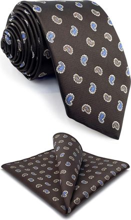 Shlax & Wing Mens Necktie Brown with Blue Yellow Paisley Tie Set with Pocket Square Extra Long 63