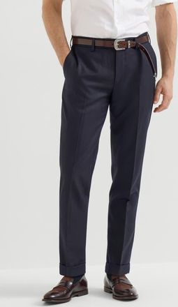 Brunello Cucinelli Virgin wool flannel Italian fit trousers in Blue at Nordstrom, Size 56