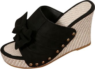 Generic Wedge Sandals for Women Bow Open Toe Summer Sandals Solid Color Stylish Classic Breathable Comfy Thick Sole Elegant Slip On Slippers Outdoor Daily