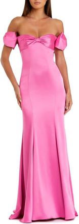 Mac Duggal Off The Shoulder Statement Bow Satin Mermaid Gown in Pink at Nordstrom, Size 14