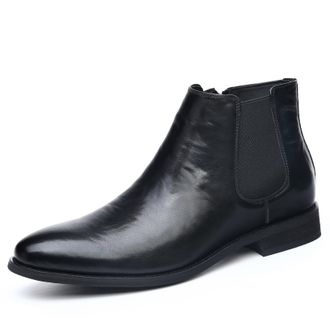 Generic Mens Flat Heel Chelsea Ankle Boots Pointed Toe Short Boots PU Leather Office Dress Shoes with Side Zipper,Black,5.5 UK