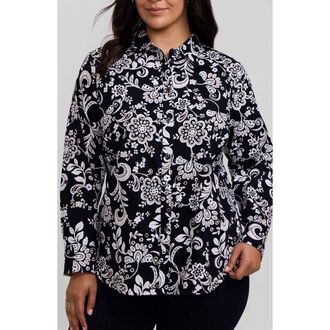 Foxcroft Margie Daisy Cotton Button-Up Shirt in Black/multi at Nordstrom, Size 3X