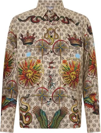 Philipp Plein Overhemden, Heren, Veelkleurig, L, Zijden Pyjama Shirt Monogram Tattoo