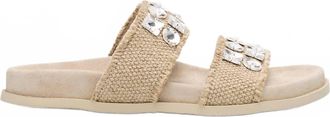 Pedro Garcia Womens Dilys Two-Band Embellished Frayed Linen Sandals In Flax