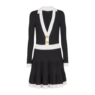 Balmain Collared V-Neck Knit Mini Dress with Button Details - female - Balmain - Knitted Dresses - Black - S - Dresses