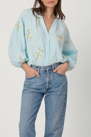 Shoshanna Floral Embroidered Cotton Fred Top in Sky Blue at Nordstrom, Size X-Large