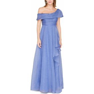 JS Collections Evangeline One-Shoulder Organza Gown in Azure Blue at Nordstrom, Size 14