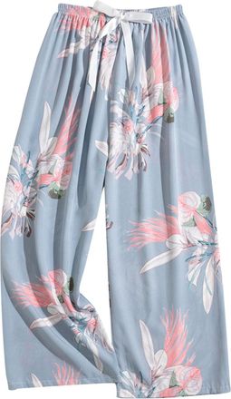 Generic Womens Pajama Bottoms Drawstring Elastic Waist Cropped Trousers Floral Printed Wide Leg Lounge Pants Casual Loose Fit Comfortable Sleep Pants for All 