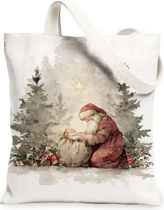 Generic Christmas Santa Canvas Tote Bags, Vintage Holiday Design Reusable Bags, Winter Rustic Lightweight Washable Canvas for Trave, White, 13x15 Inch