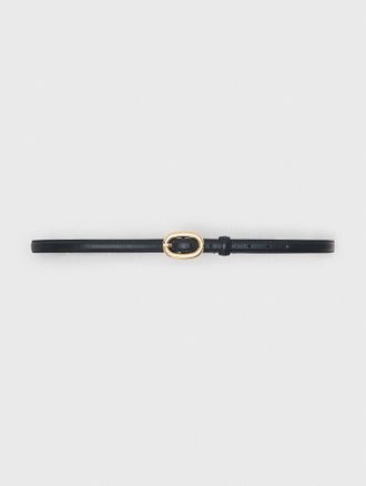 Maje Slim Leather Oval Buckle Belt - Black - Maje