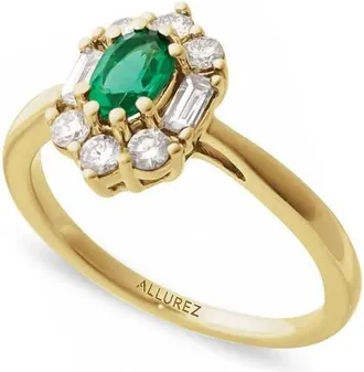 Allurez Oval Lab Emerald & Diamond Halo Ring 14K 0.95ct in Emerald/yellow Gold at Nordstrom, Size 7.5