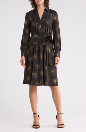 Calvin Klein Long Sleeve Foil Dot Chiffon Dress in Black/Gold at Nordstrom Rack, Size 8