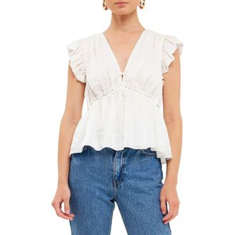 endless rose Flutter Sleeve Tie Neck Blouse in Cream at Nordstrom, Size Small