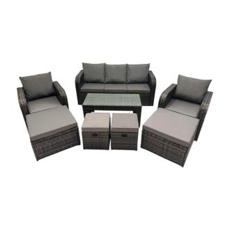 Fimous 3 Seater Sofa Reclining Chair Coffee Table with 4 Footstools in Dark Grey