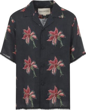 Valentino Short Sleeve Shirts, male, Black, Size: 2XL Linen Bowling Shirt With Papier Floral Print