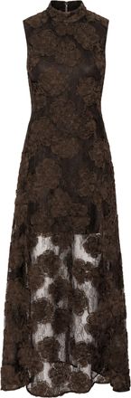 Rotate Brown 3D Floral High Neck Semi-Sheer Maxi Dress