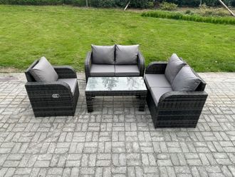 Fimous Patio Garden Furniture Sets Wicker Outdoor Rattan Furniture Sofa Sets with Rectangular Coffee Table Love seat Sofa in Dark Grey
