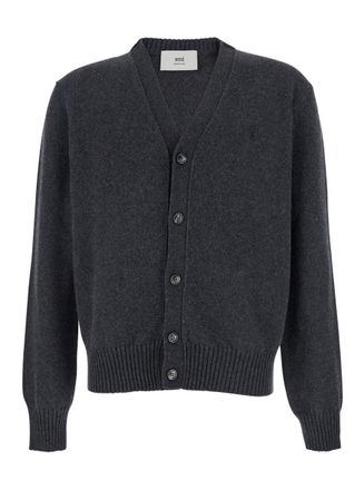 Ami Grey Cardigan With Round Neck And Adc Embroidery On The Front In Wool Man