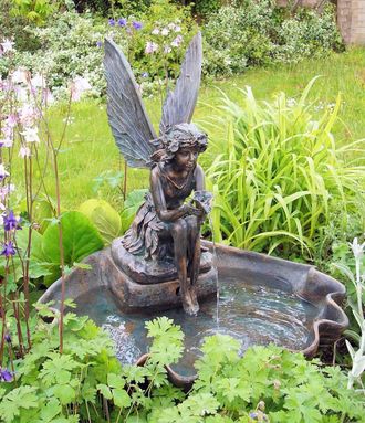 PRIMROSE Solar Powered Outdoor Water Feature Fairy on a Clam Shell 78cm in Grey