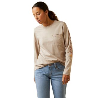Ariat Womens Rebar Workman Logo T-Shirt Long Sleeve in String Heather Nostalgia Rose Cotton, Size Medium, by Ariat