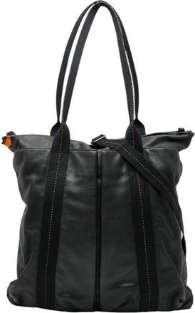 Herm&egrave;s Black Veau Derma Canvas Shoulder Bag Tote Bag (Pre-Owned)