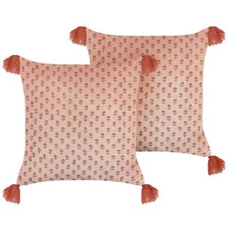 Beliani Conjunto De 2 Cojines De Terciopelo Rosa 45 X 45 Cm Floral Bloque Impreso Rumhora