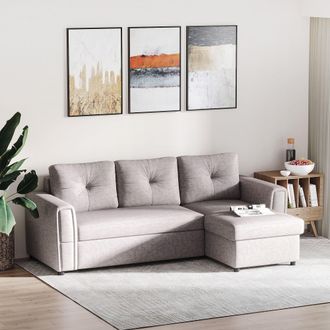 HOMCOM Linen-Look L-Shaped Sofa Bed with Storage Bed Sleeper Flat Studio in Grey