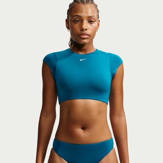 Nike Womens Swim Cropped Swim Top in Blue | NESSG231-448
