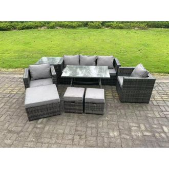 Fimous Fimous Rattan Outdoor Furniture Sofa Garden Dining Set with Dining Table 2 Armchairs Side Table 3 Stools 8 Seater Dark Grey Mixed