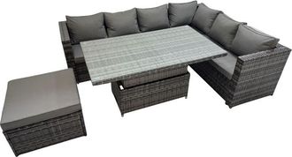 Fimous 7 Seater Rattan Height Adjustable Rising Lifting Table Corner Sofa Sets with Big Footstool Dark Grey Mixed - Fimous