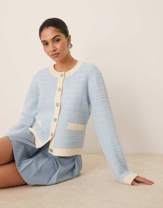 Vero Moda Boucle plaid knit cardigan in cream and sky blue-White