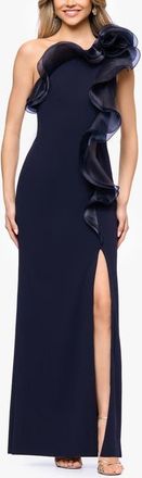 Betsy & Adam Organza Ruffle One-Shoulder Scuba Crepe Gown in Navy/navy at Nordstrom, Size 16