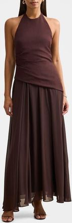 Ever New Elise Linen Blend & Chiffon Halter Maxi Dress in Chocolate at Nordstrom, Size 10