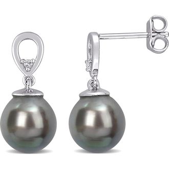 Delmar Sterling Silver White Topaz 8-9mm Black Tahitian Cultured Pearl Drop Earrings at Nordstrom Rack