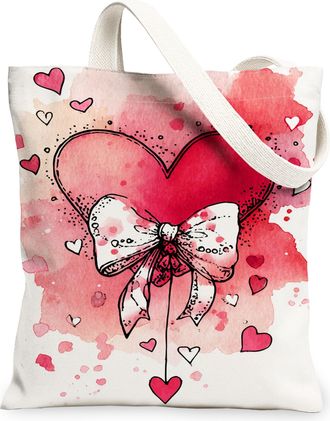 Generic ValentineS Day Hearts Canvas Tote Bags, Romantic Bow Design Reusable Shopping Bags, Lightweight Washable Shoulder Strap Ca, Red, 13x15 Inch
