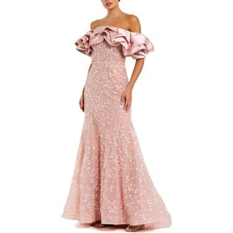 Mac Duggal Beaded Applique Off The Shoulder Mermaid Gown in Rose at Nordstrom, Size 10