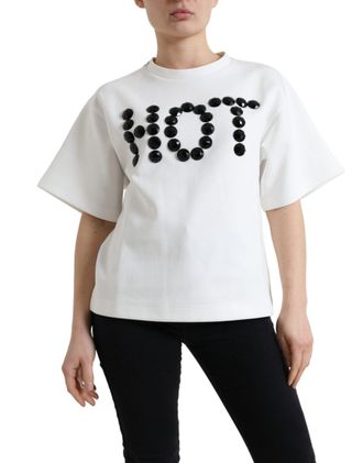 Dolce & Gabbana Womens T-Shirt White Cotton Stretch Black Hot Crystal Polyester (stretch)