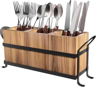 OEM Pot A Ustensiles - 3 Compartiments - Bois Naturel Et Support Interieur En Fer - Pour Plan De Travail Cuisine - 1 Piece