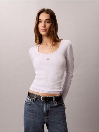 Calvin Klein Jeans Calvin Klein Womens Woven Monologo Rib Scoop Neck T-Shirt - Open Purple - L