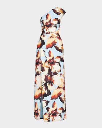 Monique Lhuillier One-Shoulder Amber Lily Print Slit Column Gown