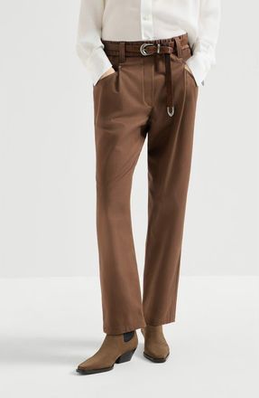 Brunello Cucinelli Stretch cotton cover baggy pull-on trousers with shiny bartack in Cigar at Nordstrom, Size 44
