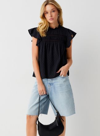 Vero Moda Womens Crochet and Swiss dot ruffled collar blouse