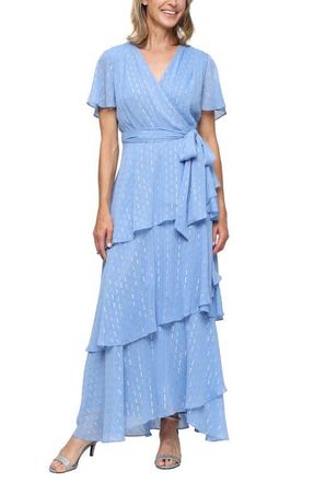 S.L. Fashions Metallic Print Tiered Chiffon Gown in Periwinkle at Nordstrom, Size 18
