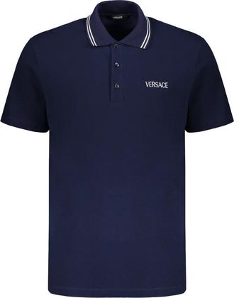Versace Geborduurde katoenen polo shirt met logo - Heren - Polos - Blauw - XL - Katoen - Tops