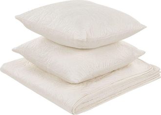 Beliani Colcha Con Cojines Estampado En Relieve Poli&eacute;ster 140 X 210 Cm Blanco Crema Rudkhan