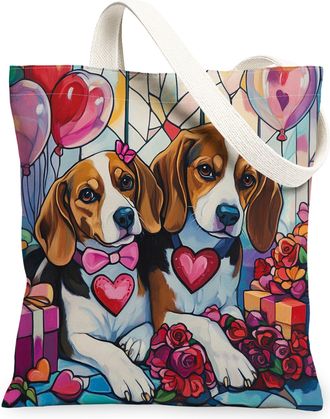 Generic Valentines Day Boston Terrier Dog Canvas Tote Bag for Shopping 13x15, Stained Glass Puppy Reusable Grocery Print Bag for Women, Couple Beach Aesthetic