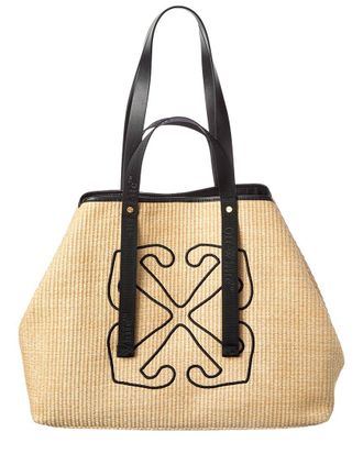 Off-white East West Large Straw & Leather Tote