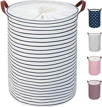 OEM Cesto De Ropa Plegable Con Tapa - Rayas Azules - Tama&ntilde;o Grande Con Asa De Cuero